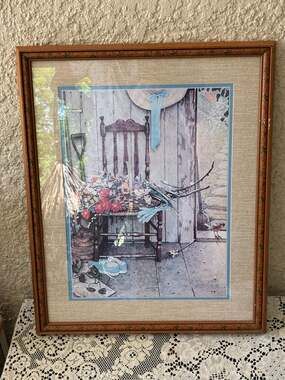 Vintage 60s Barn Farm Spring Flowers Framed Lithograph Norman Rockwell Art Print